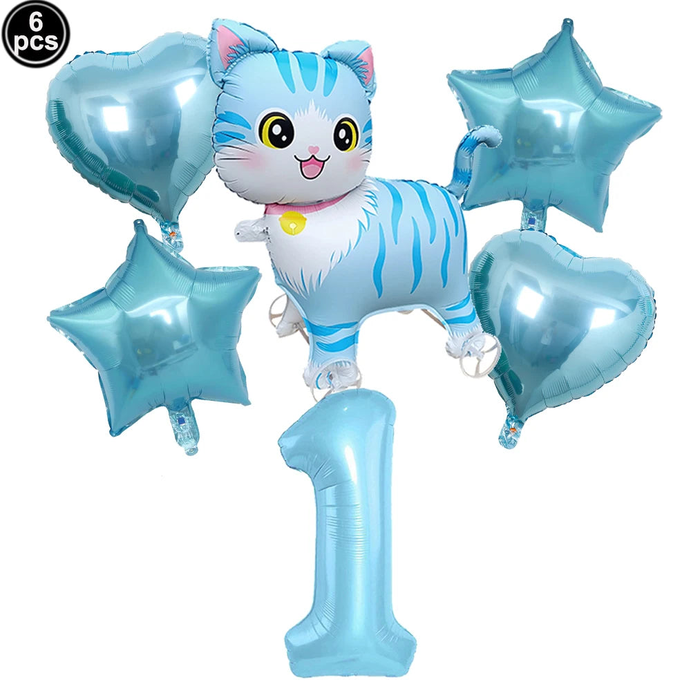 Cat Party Balloons Set Pink Blue Kitten Cat's Paw Foil Balloon with 32'' Number Balloons for Boy Girl 1-9th Birthday Party Decor