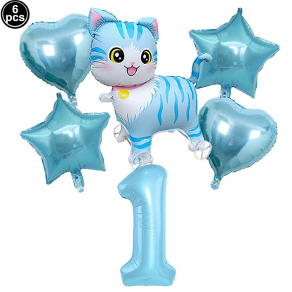 Cat Party Balloons Set Pink Blue Kitten Cat's Paw Foil Balloon with 32'' Number Balloons for Boy Girl 1-9th Birthday Party Decor