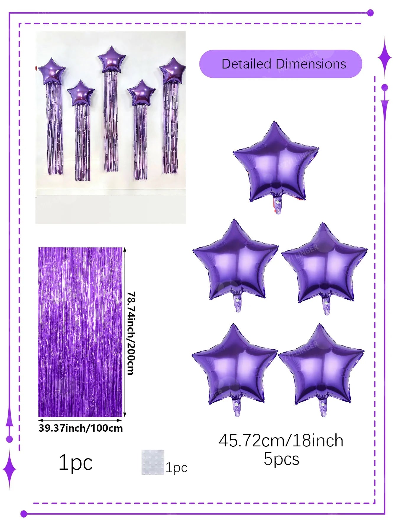 Five pointed star balloon and tassel rain curtain set for birthday parties, weddings, showers, party decorations