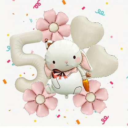 7pcs Adorable Rabbit Daisies Balloon Set 40 Inch Cream White Number 1-9 Birthday Balloon Cartoon Rabbit Easter Party Decoration