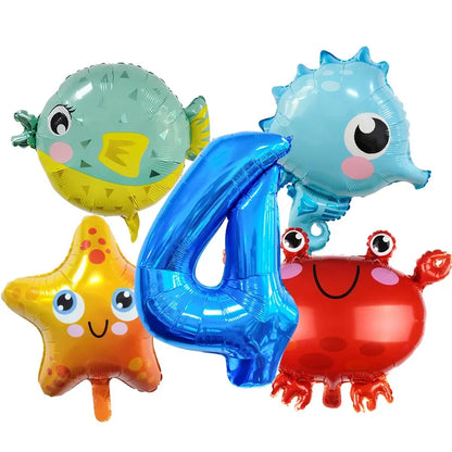 5pcs Ocean Themed Cartoon Animal Balloons 32 inch Blue Number Birthday Balloon Set Festive Party Decoration Birthday Supplies