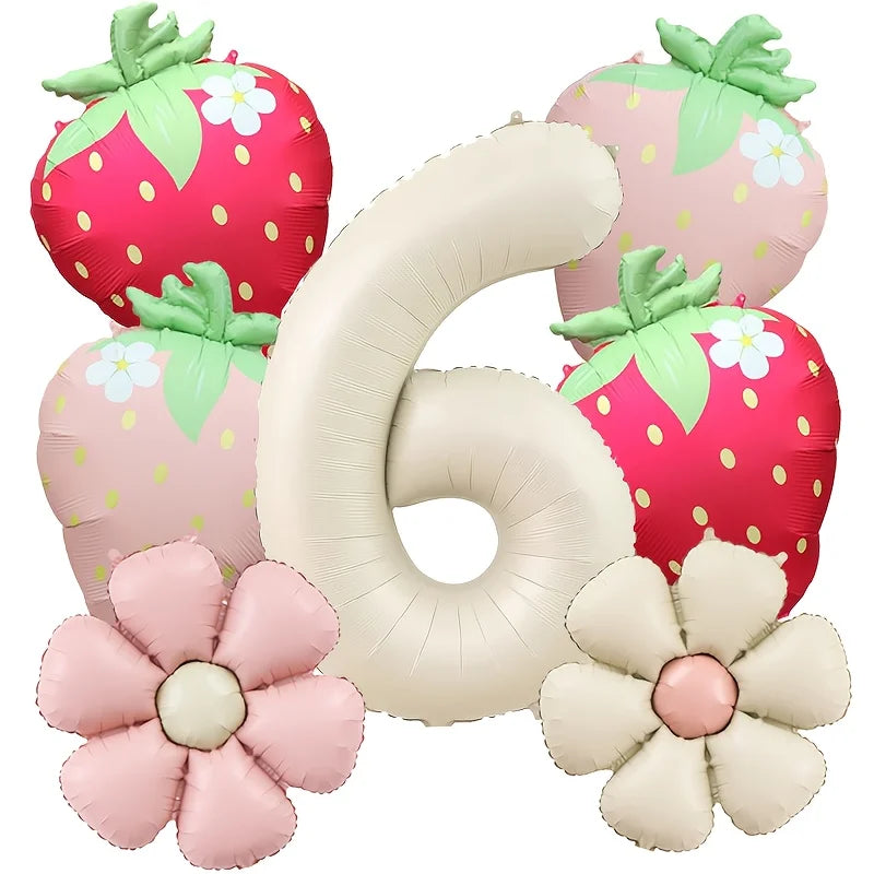 7Pcs Fruit Strawberry Flower Foil Balloon with 40inch Cream Number Balloon Berry First Birthday Sweet Summer Party Supplies