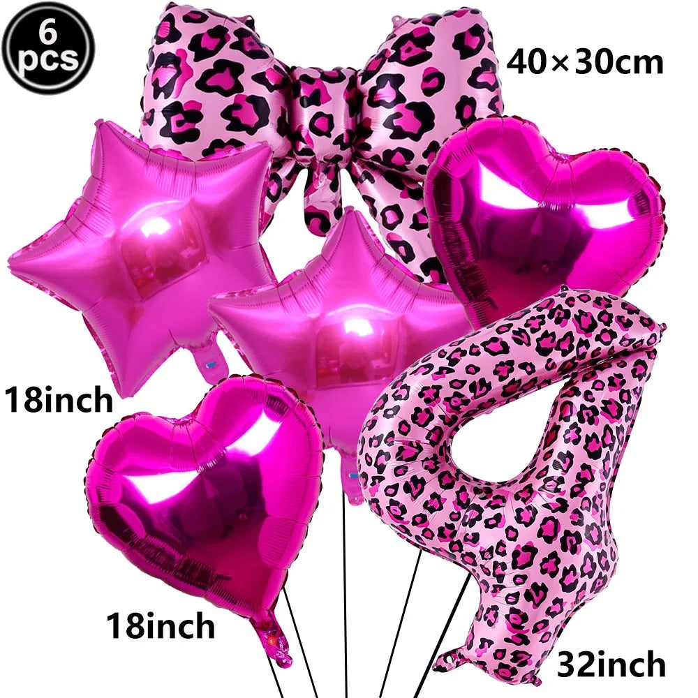 Ballon Chiffre Léopard Rose| Noeud | Lot de 6 Pièces