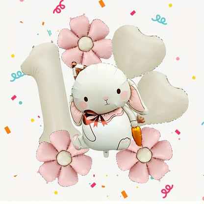 7pcs Adorable Rabbit Daisies Balloon Set 40 Inch Cream White Number 1-9 Birthday Balloon Cartoon Rabbit Easter Party Decoration