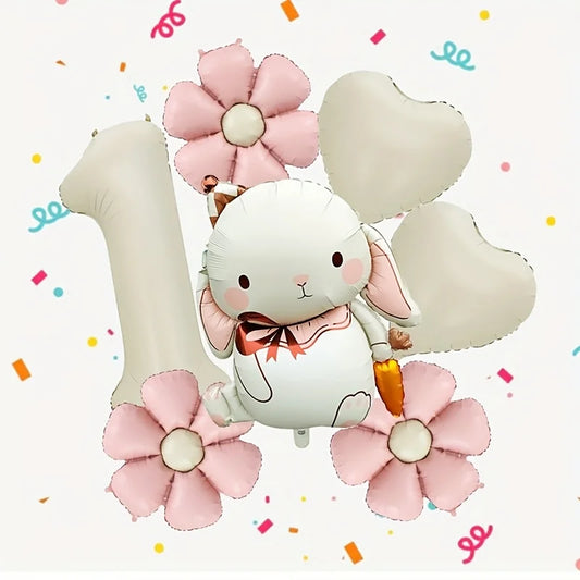 7pcs Adorable Rabbit Daisies Balloon Set 40 Inch Cream White Number 1-9 Birthday Balloon Cartoon Rabbit Easter Party Decoration