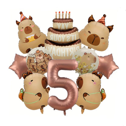 10Pcs Cartoon Animal Capybara Theme Birthday Cake Foil Balloon Children Birthday Party Coffee Number  Balloon Baby Shower Decora