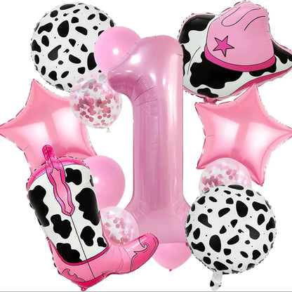 Pink Cowboy Boots & Hat Foil Balloons Set for Farm Birthday Decorations, Western Theme Party Supplies with Number Balloons