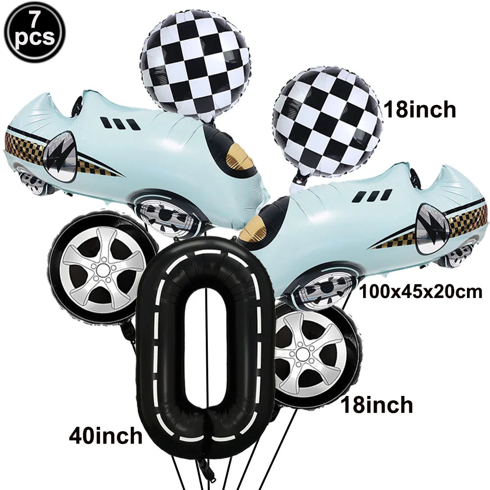 7 Pcs Race Car Birthday Balloons 40 Inch Racetrack Black Number 3 Balloon for 3st Birthday Race Car Theme Party Decor Supplies
