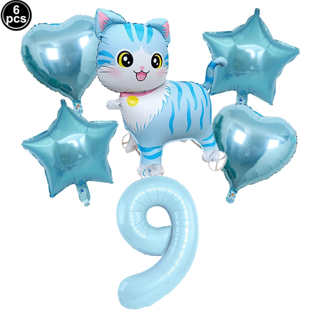 Cat Party Balloons Set Pink Blue Kitten Cat's Paw Foil Balloon with 32'' Number Balloons for Boy Girl 1-9th Birthday Party Decor