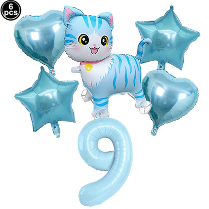 Cat Party Balloons Set Pink Blue Kitten Cat's Paw Foil Balloon with 32'' Number Balloons for Boy Girl 1-9th Birthday Party Decor