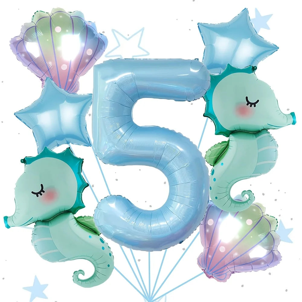 7Pcs Under the Sea World Themed Party Balloon Set New Seahorse 40Inch Blue Number Decor Foil Balloons Birthday Decoration Gifts