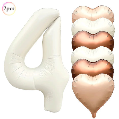 Ballon Chiffre Anniversaire Crème | Cœurs | Lot de 7 Pièces
