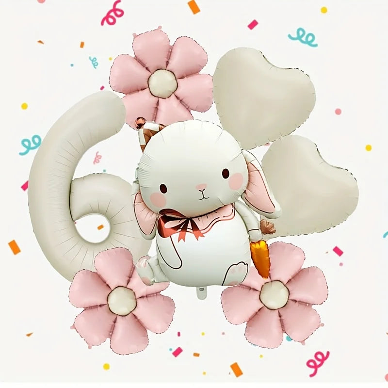 7pcs Adorable Rabbit Daisies Balloon Set 40 Inch Cream White Number 1-9 Birthday Balloon Cartoon Rabbit Easter Party Decoration