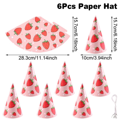 6pcs Pink Strawberry Birthday Party Hats Easy Assembly Lightweight Sturdy Cone Paper Hats for Girls Birthday Party Decorations