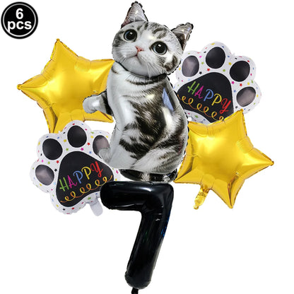 Cat Party Balloons Set Pink Blue Kitten Cat's Paw Foil Balloon with 32'' Number Balloons for Boy Girl 1-9th Birthday Party Decor