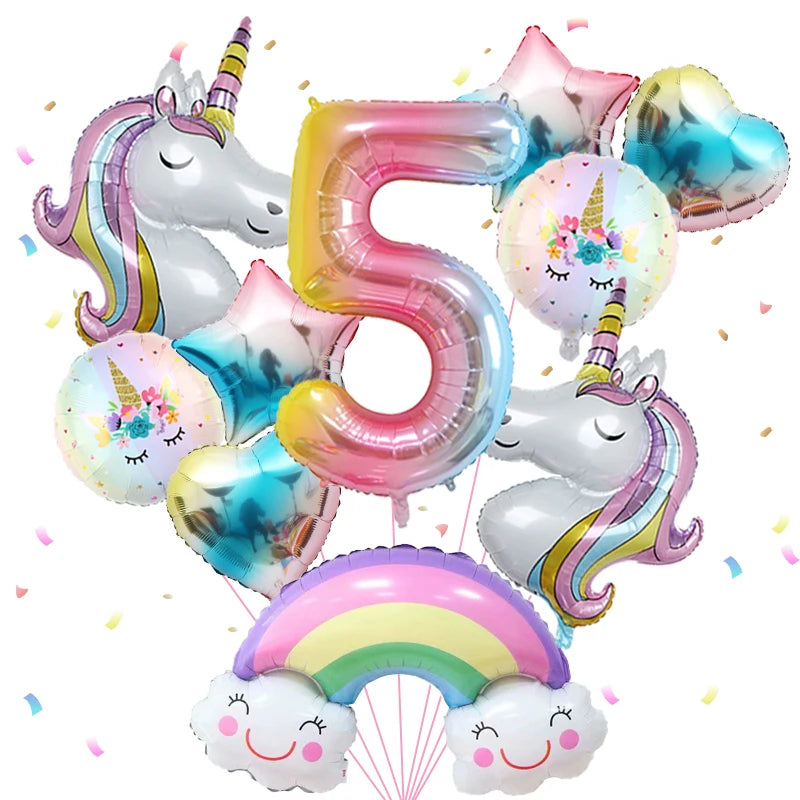 1set Rainbow Unicorn Girl Balloon Aluminum Film Balloon Set with Smiling Rainbow Foil 1st Newborn Party Decoration Supplies