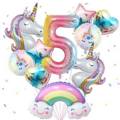 1set Rainbow Unicorn Girl Balloon Aluminum Film Balloon Set with Smiling Rainbow Foil 1st Newborn Party Decoration Supplies