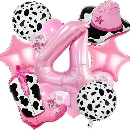 Pink Cowboy Boots & Hat Foil Balloons Set for Farm Birthday Decorations, Western Theme Party Supplies with Number Balloons