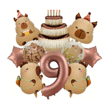 10Pcs Cartoon Animal Capybara Theme Birthday Cake Foil Balloon Children Birthday Party Coffee Number  Balloon Baby Shower Decora