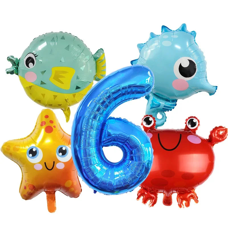 5pcs Ocean Themed Cartoon Animal Balloons 32 inch Blue Number Birthday Balloon Set Festive Party Decoration Birthday Supplies