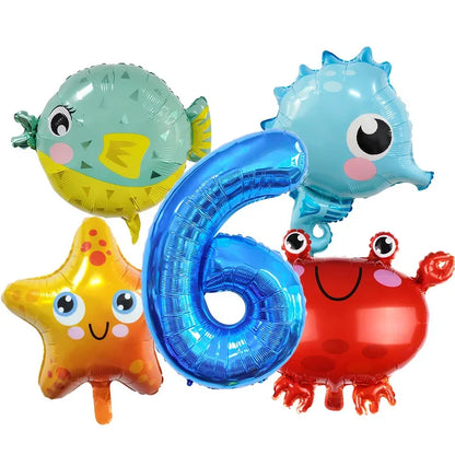 5pcs Ocean Themed Cartoon Animal Balloons 32 inch Blue Number Birthday Balloon Set Festive Party Decoration Birthday Supplies