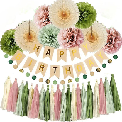 Kit Décoration Anniversaire | Guirlande, Fanions & Pompons Vert et Rose