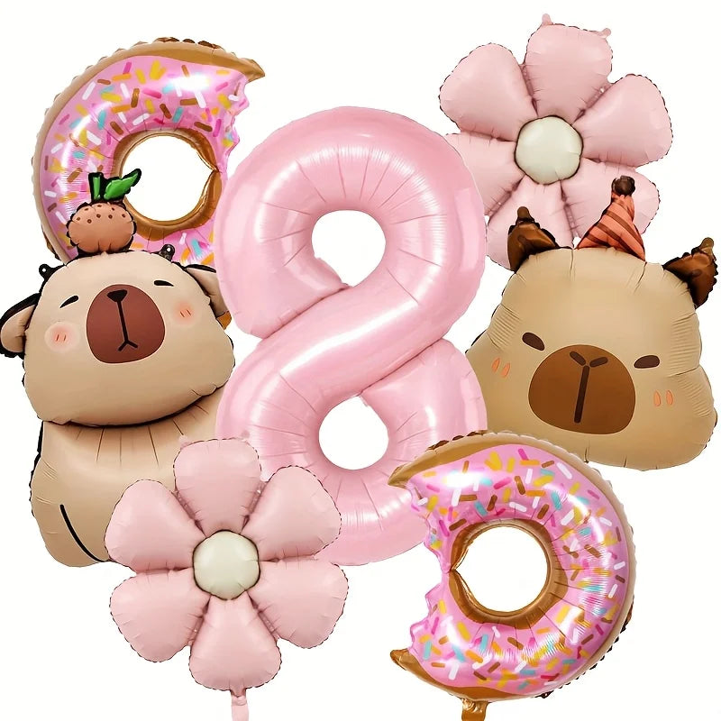 Cartoon Dolphin Pink Daisy Flower Happy Birthday Balloon Doughnut Set 32inch Pink Digit Capibara Theme Party Globos Supplies