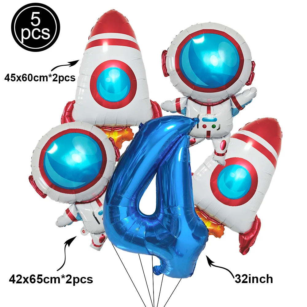 1Set Galaxy Space Balloons Blue 32inchNumber Balloons Rocket Astronaut Balloons for Boys Galaxy Themed Party Birthday Decoration
