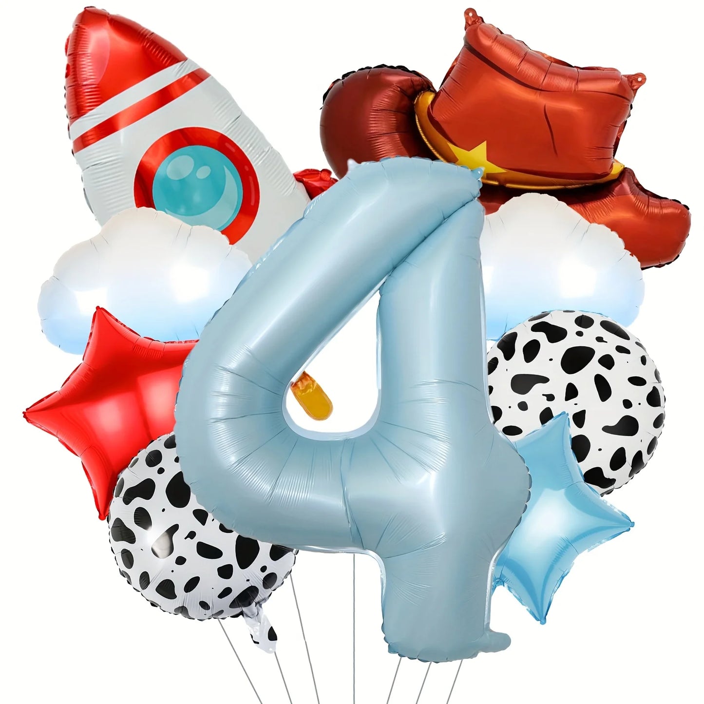 9Pcs Cloud Rocket Cowboy Hat Balloon Set Digital Numbers for Birthday Western Party Baby Shower Christening Wedding Celebration