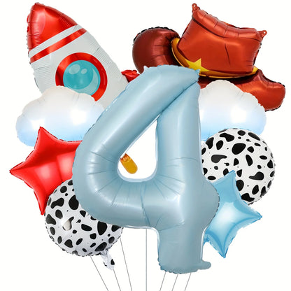 9Pcs Cloud Rocket Cowboy Hat Balloon Set Digital Numbers for Birthday Western Party Baby Shower Christening Wedding Celebration