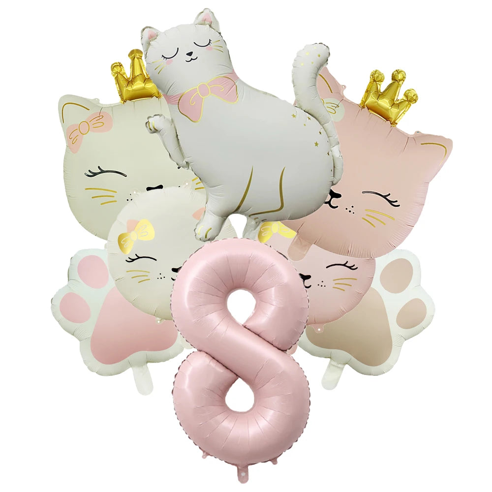 Ballons Anniversaire Chat Rose avec Chiffre | Lot de 7 pièces