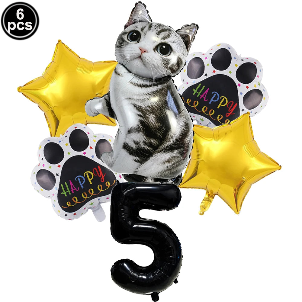 Cat Party Balloons Set Pink Blue Kitten Cat's Paw Foil Balloon with 32'' Number Balloons for Boy Girl 1-9th Birthday Party Decor