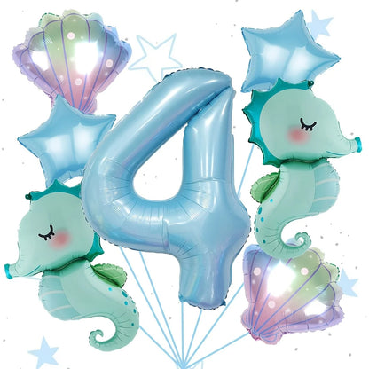 7Pcs Under the Sea World Themed Party Balloon Set New Seahorse 40Inch Blue Number Decor Foil Balloons Birthday Decoration Gifts
