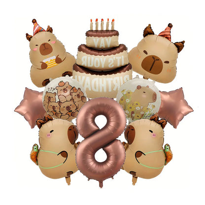 10Pcs Cartoon Animal Capybara Theme Birthday Cake Foil Balloon Children Birthday Party Coffee Number  Balloon Baby Shower Decora