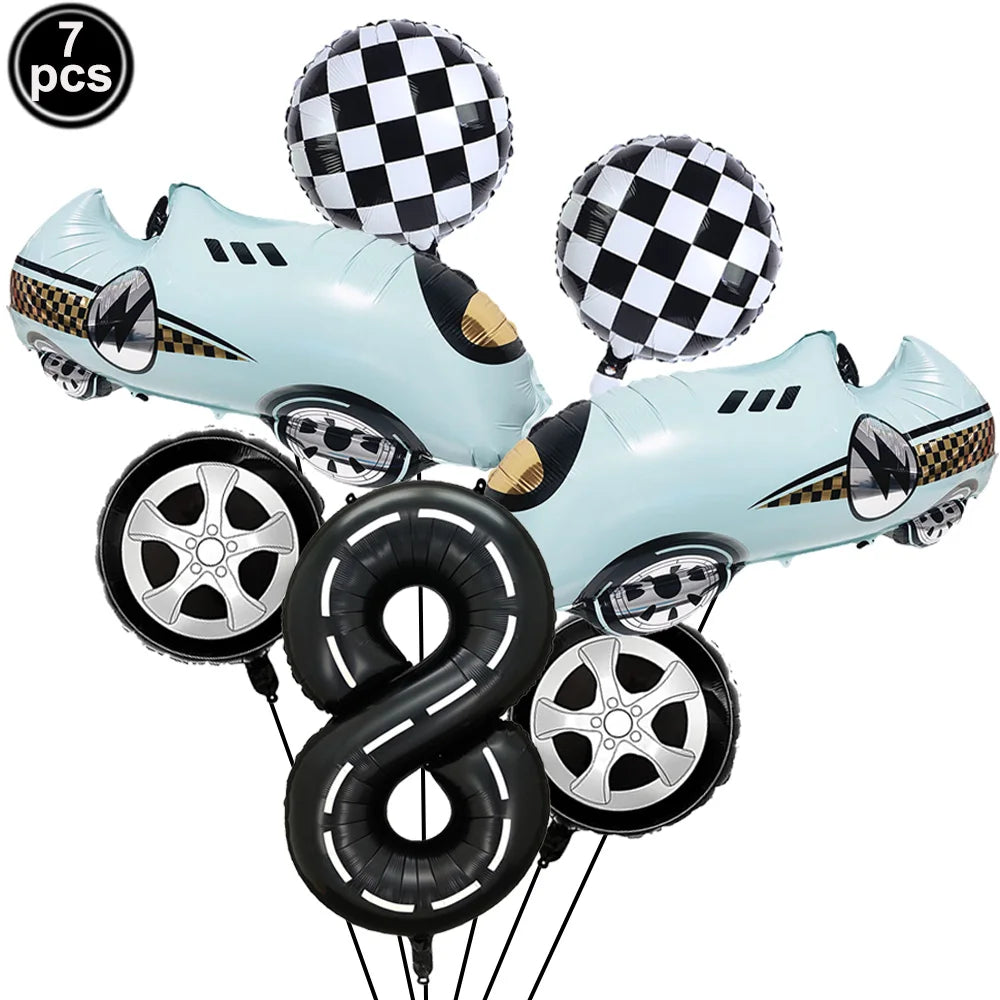 7 Pcs Race Car Birthday Balloons 40 Inch Racetrack Black Number 3 Balloon for 3st Birthday Race Car Theme Party Decor Supplies