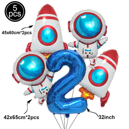 1Set Galaxy Space Balloons Blue 32inchNumber Balloons Rocket Astronaut Balloons for Boys Galaxy Themed Party Birthday Decoration