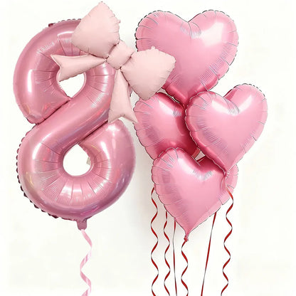 6pcs Pink Bow Heart Balloon with 32Inch Pink Number Foil Balloon for Birthday Party Wedding Engagements Anniversaries Decoration