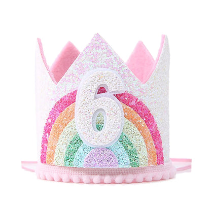 Felt Rainbow Theme Birthday Party Crown 1st 2nd 3rd Happy Birthday Party Decor Kids Baby Shower Party Number Hat Unicorn Party