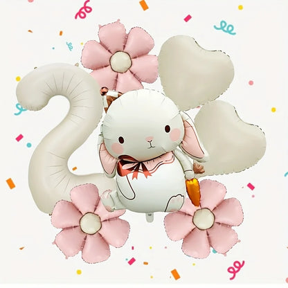 7pcs Adorable Rabbit Daisies Balloon Set 40 Inch Cream White Number 1-9 Birthday Balloon Cartoon Rabbit Easter Party Decoration
