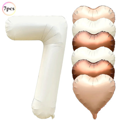 Ballon Chiffre Anniversaire Crème | Cœurs | Lot de 7 Pièces