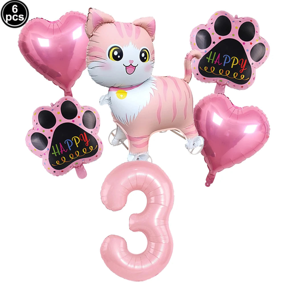 Cat Party Balloons Set Pink Blue Kitten Cat's Paw Foil Balloon with 32'' Number Balloons for Boy Girl 1-9th Birthday Party Decor