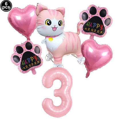 Cat Party Balloons Set Pink Blue Kitten Cat's Paw Foil Balloon with 32'' Number Balloons for Boy Girl 1-9th Birthday Party Decor