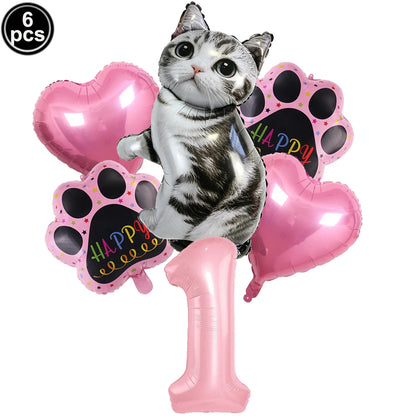 Cat Party Balloons Set Pink Blue Kitten Cat's Paw Foil Balloon with 32'' Number Balloons for Boy Girl 1-9th Birthday Party Decor