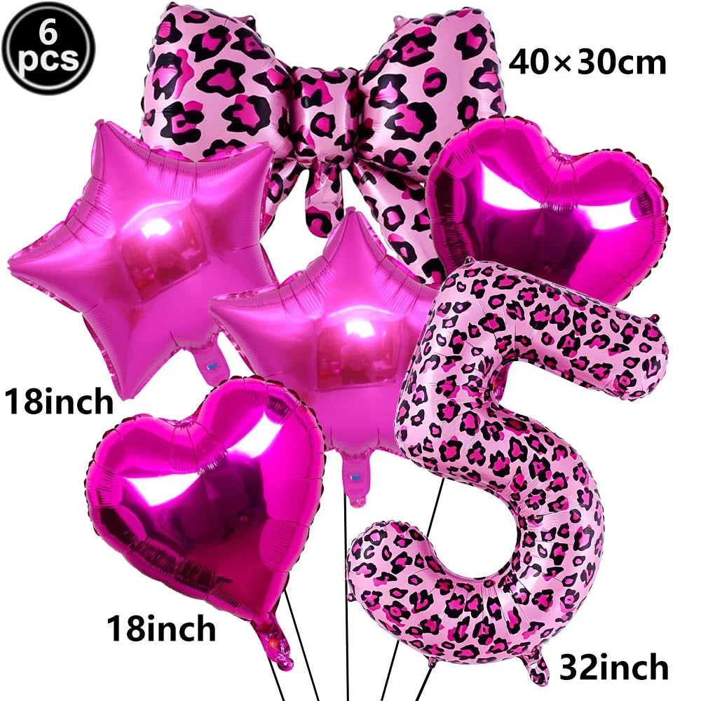 Ballon Chiffre Léopard Rose| Noeud | Lot de 6 Pièces