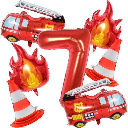 1Set Fire Truck Balloons Set Red 32Inch Number Balloon Flame Balloons For Baby Shower Firefighter Birthday Party Decoration