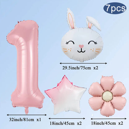 7pcs/set Easter Themed Cartoon Rabbit Matte Pink Daisy Balloon 32inch Number 1-9 Balloon Birthday Party Decoration Kids Toys