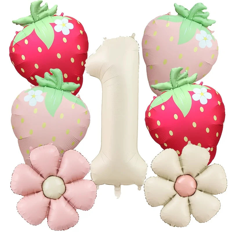 7Pcs Fruit Strawberry Flower Foil Balloon with 40inch Cream Number Balloon Berry First Birthday Sweet Summer Party Supplies