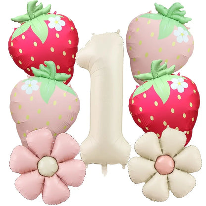 7Pcs Fruit Strawberry Flower Foil Balloon with 40inch Cream Number Balloon Berry First Birthday Sweet Summer Party Supplies
