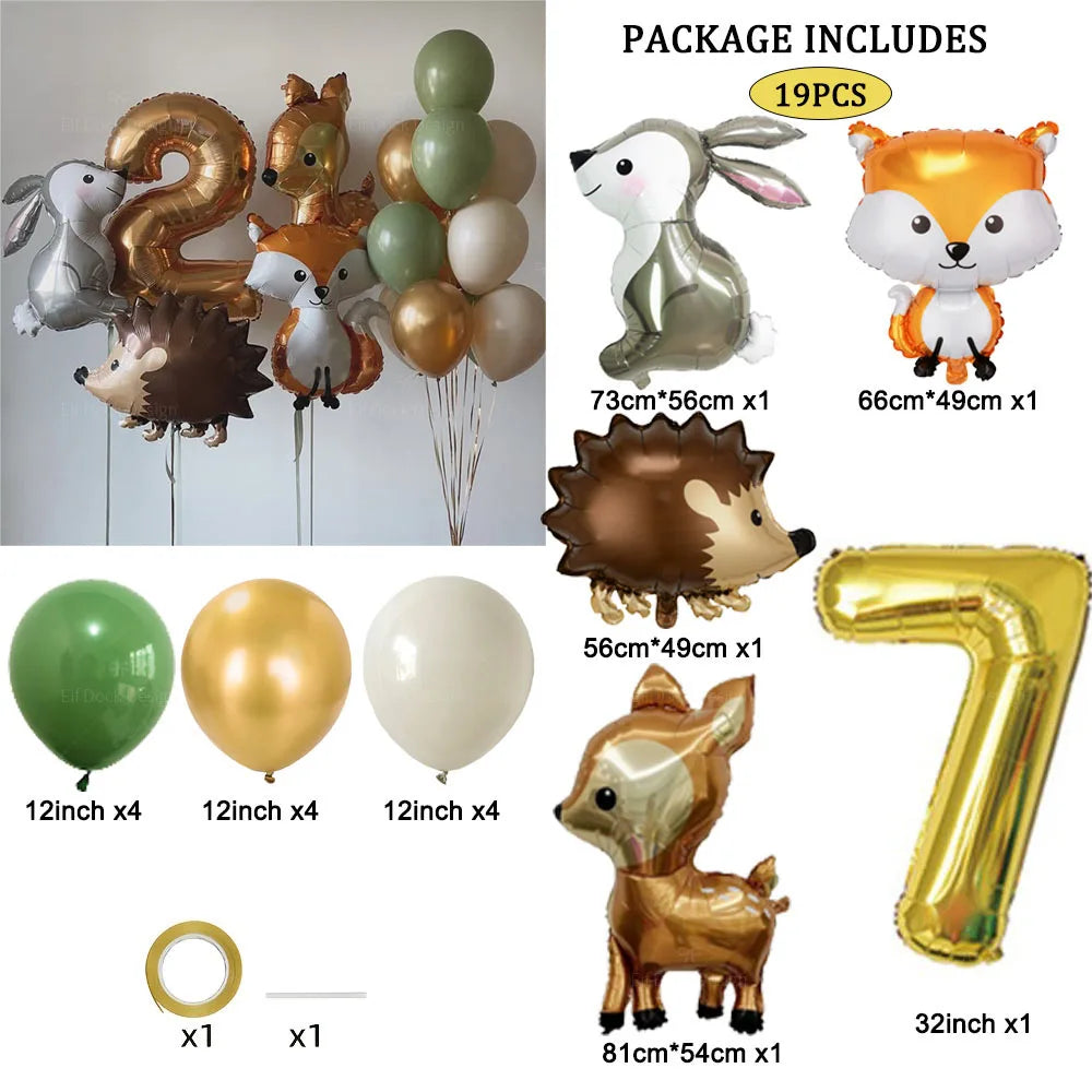 Hedgehog Deer Fox Rabbit Balloon Set Gold Number Balloon for Boy's Woodland Animal Happy Birthday Party Decorations Kids Gifts