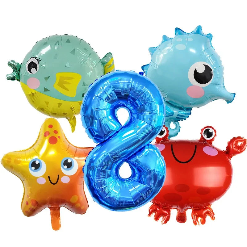 5pcs Ocean Themed Cartoon Animal Balloons 32 inch Blue Number Birthday Balloon Set Festive Party Decoration Birthday Supplies